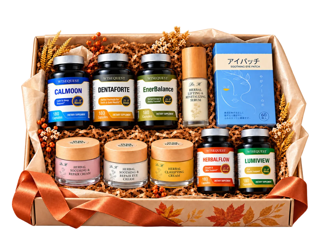 礼盒装:CalMoon、DENTAFORTE、EnerBalance、草本焕颜提升精华液、明目冷敷眼贴、三款草本面霜、HERBALFLOW 与 LUMIVIEW。
