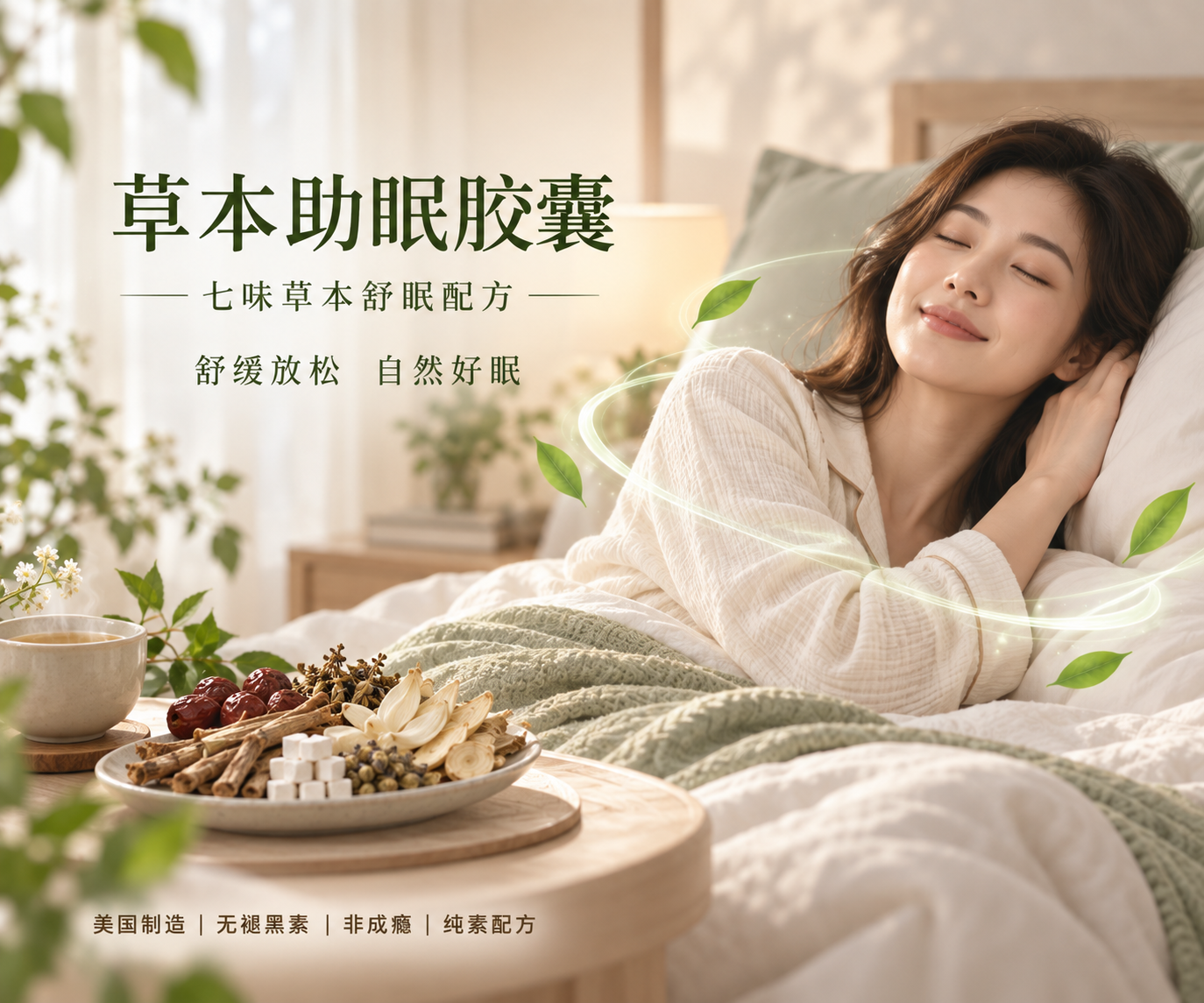 草本助眠胶囊产品图：七味草本舒眠配方，舒缓放松自然好眠