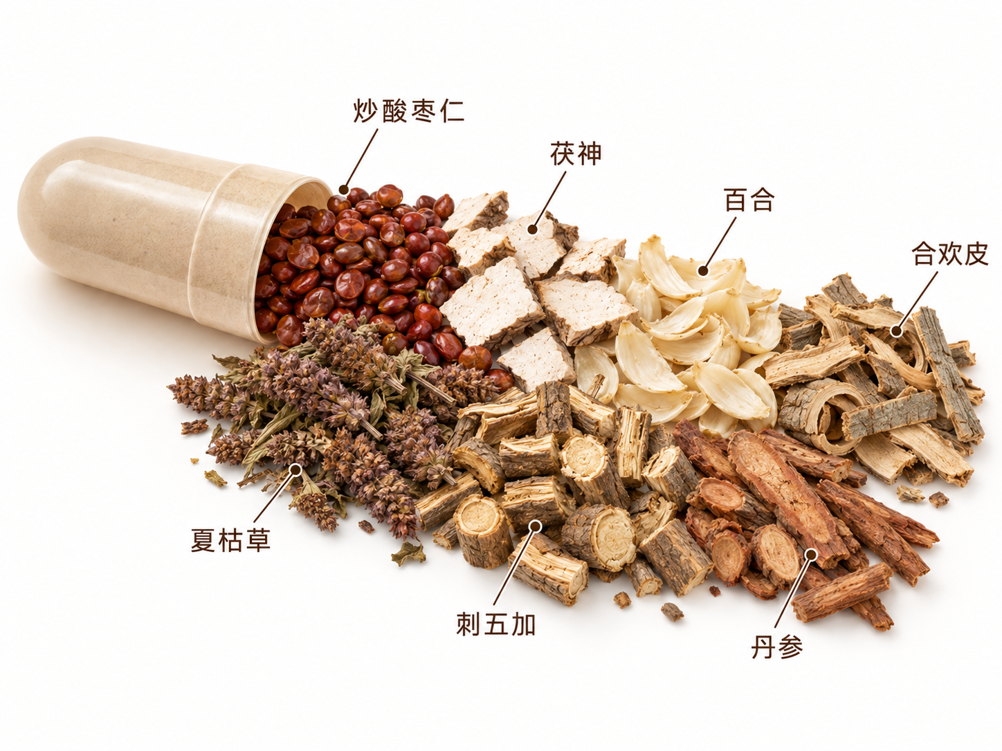 草本助眠胶囊七味草本标注图：炒酸枣仁、茯神、百合、合欢皮、夏枯草、刺五加、丹参