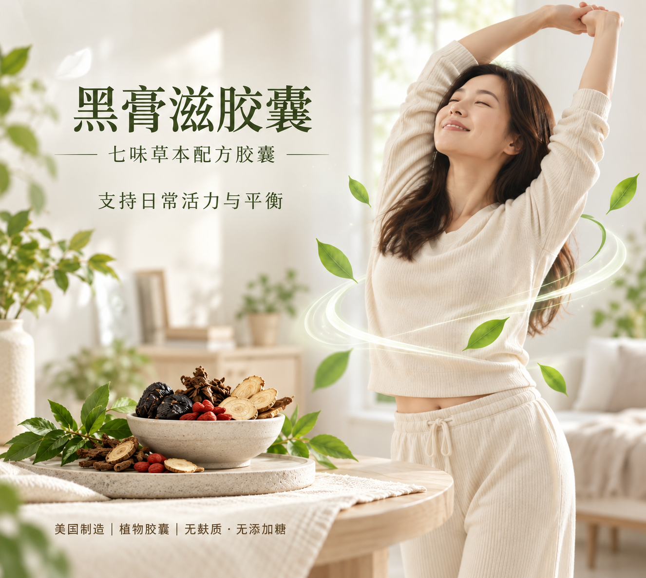 黑膏滋胶囊产品图：七味草本配方胶囊，支持日常活力与平衡