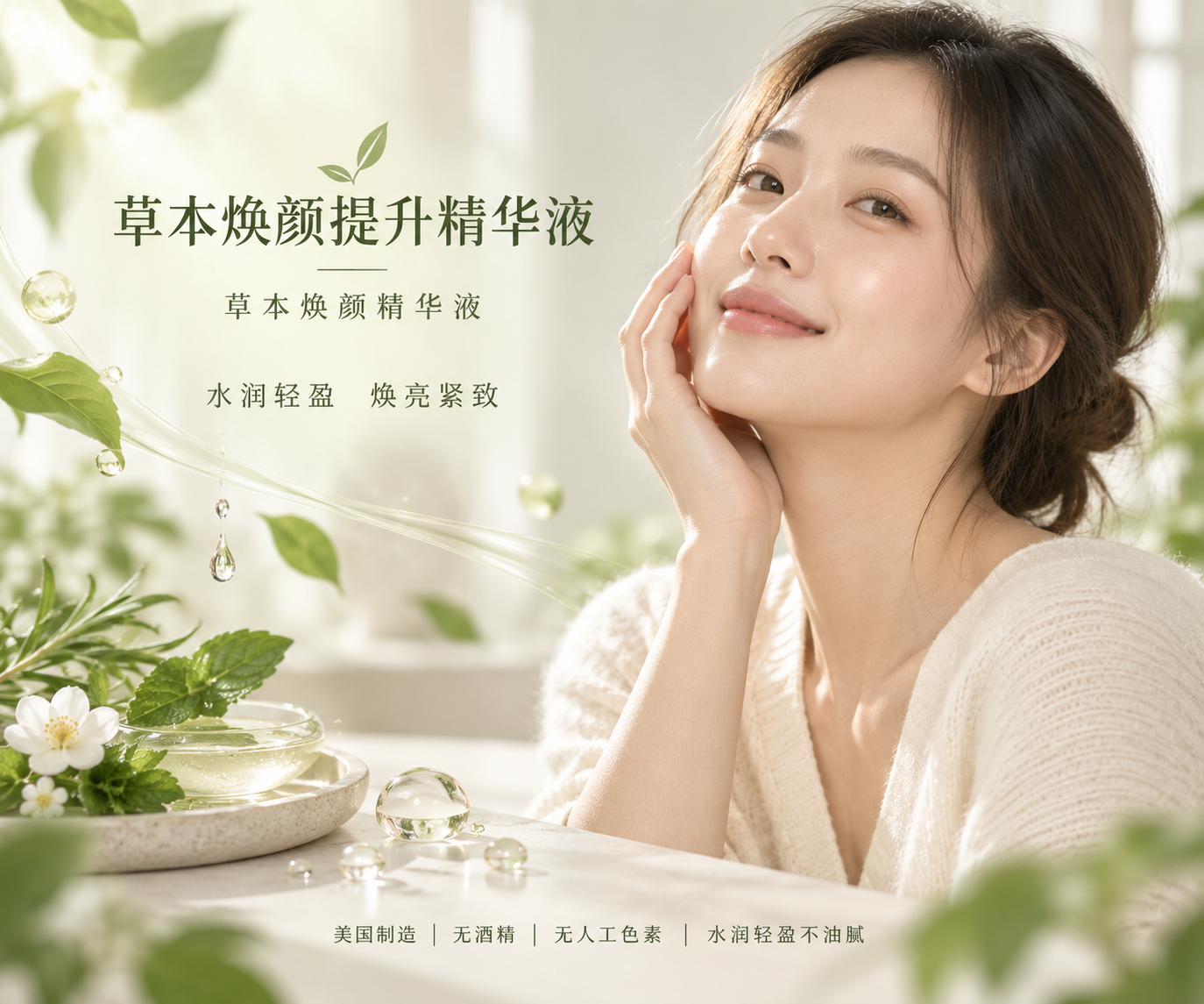 草本焕颜提升精华液产品图：水润轻盈，焕亮紧致
