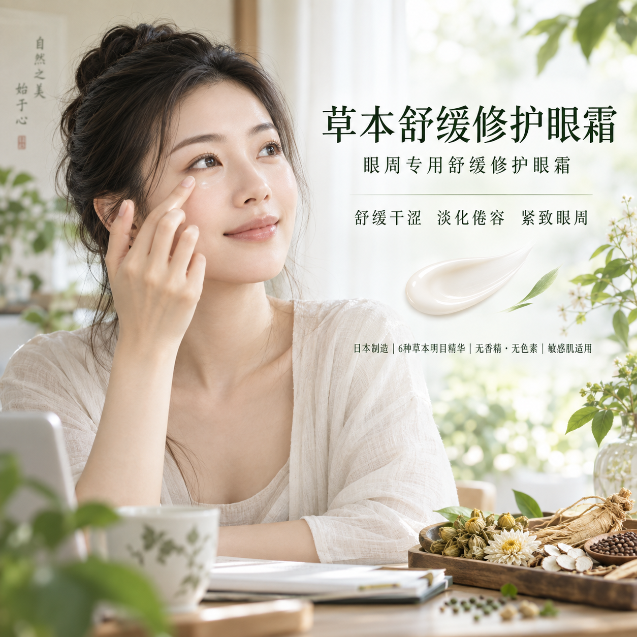 草本舒缓修护眼霜产品图:舒缓干涩、淡化倦容、紧致眼周